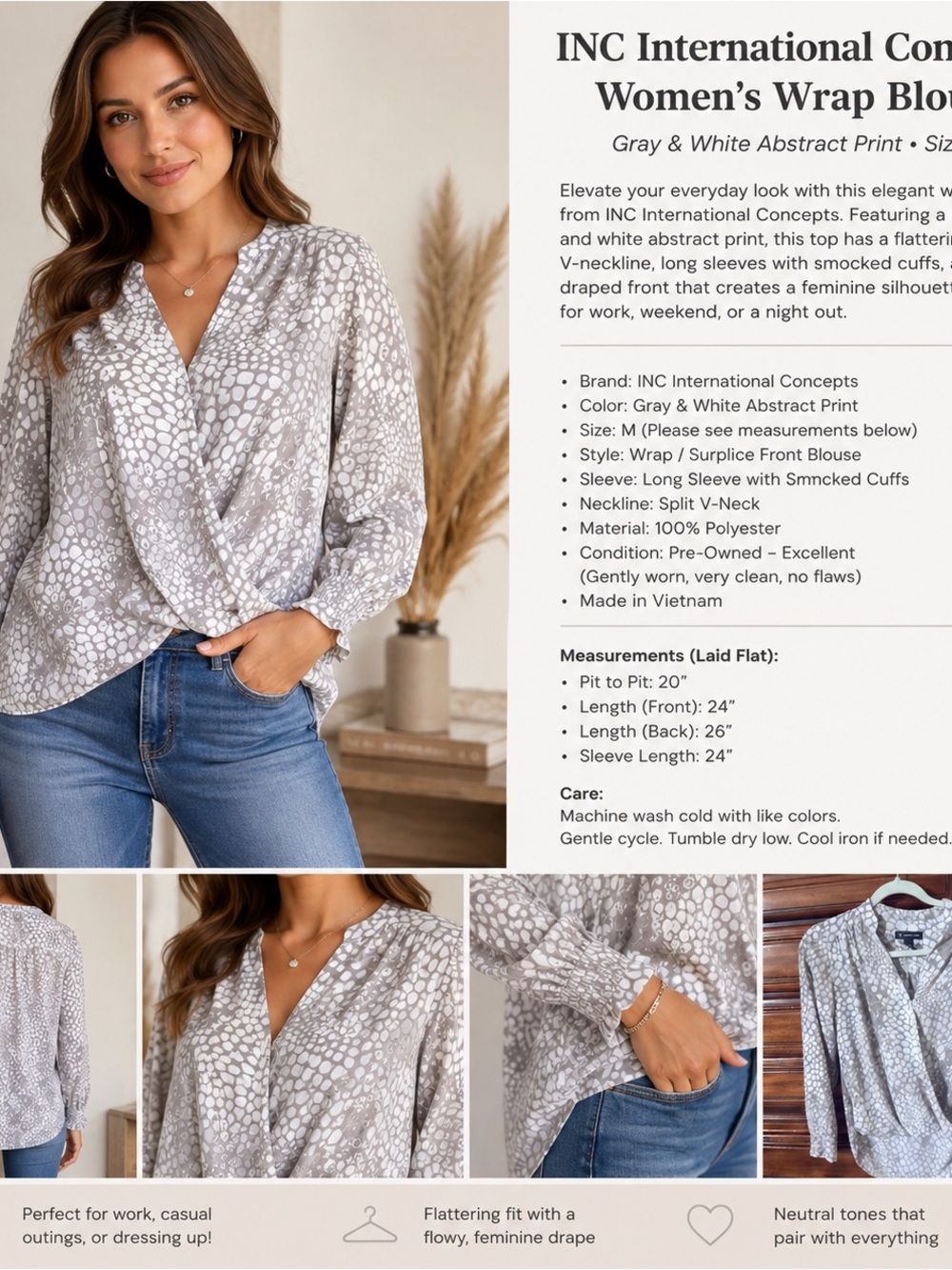 INC International Concepts Gray & White Abstract Wrap Blouse